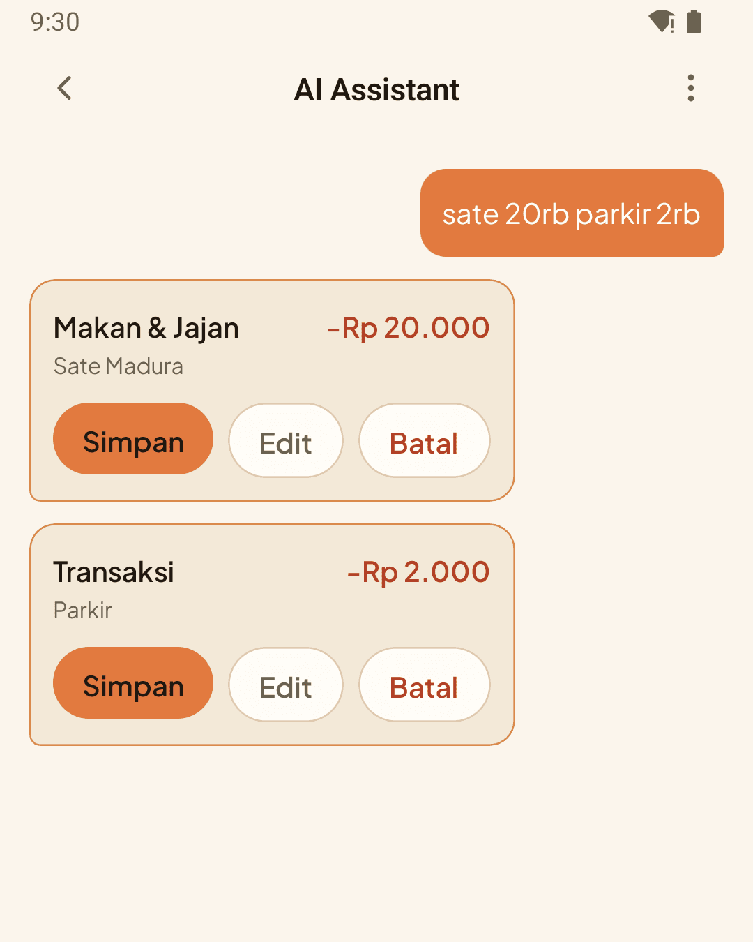 Savyn AI chat screen: the message 'sate 20rb parkir 2rb' becomes two transaction drafts ready to confirm